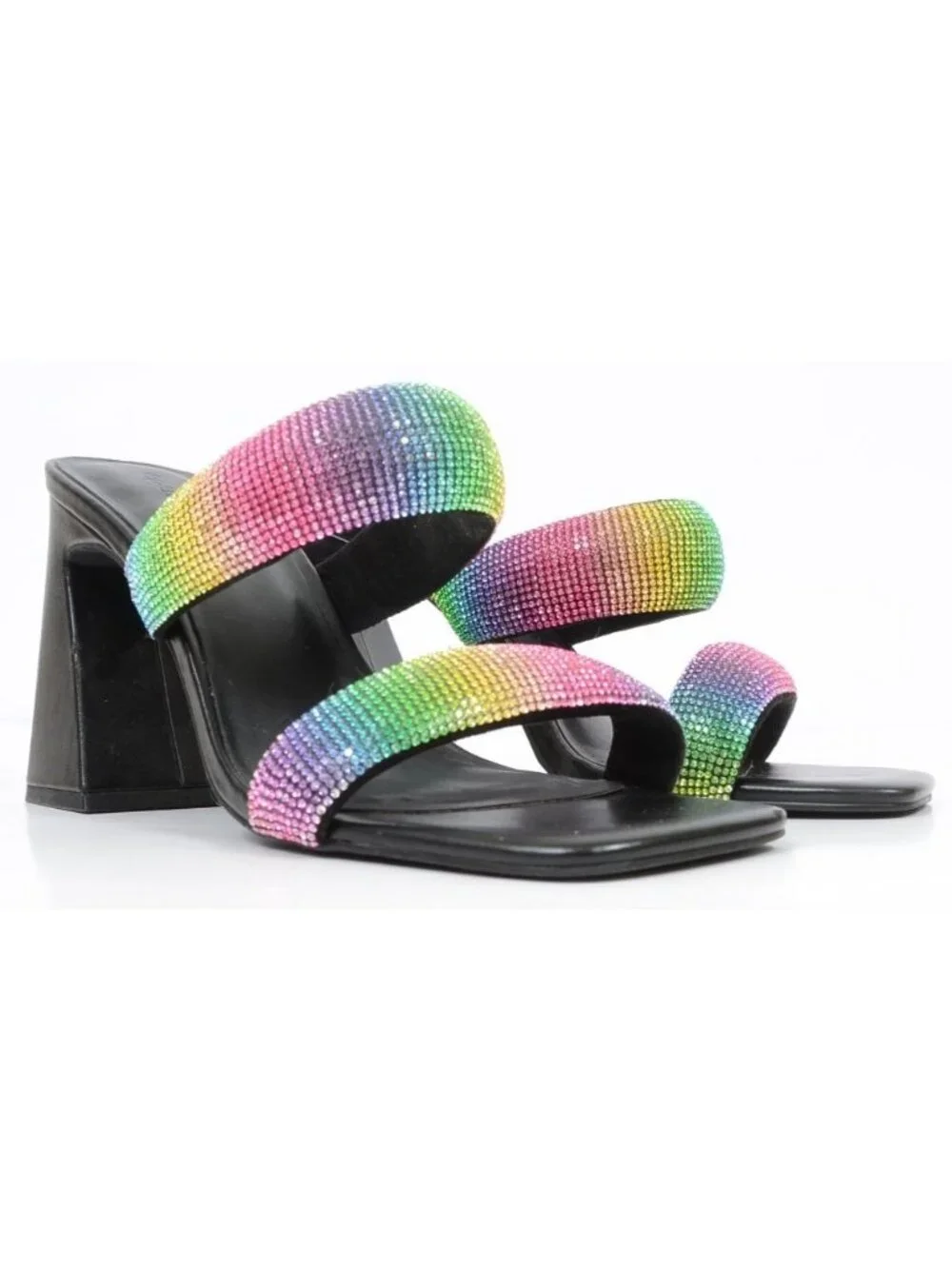 Open Edit Sasha Women‎ 9.5 Black Rainbow Rhinestone Sandal Chunky Flared Heels